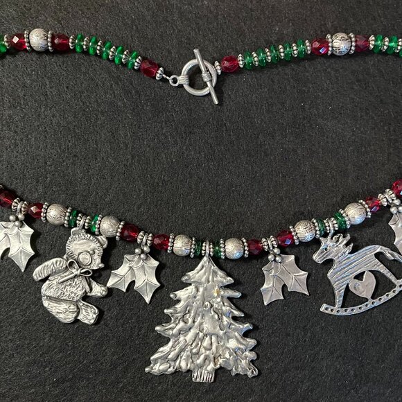 Vintage Signed MARCIE Christmas Holiday Necklace Pewter Charms and Glass Beads - Picture 2 of 5